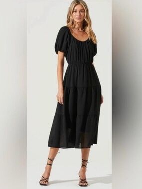 Astr Black Puff Sleeve Tiered Midi Dress